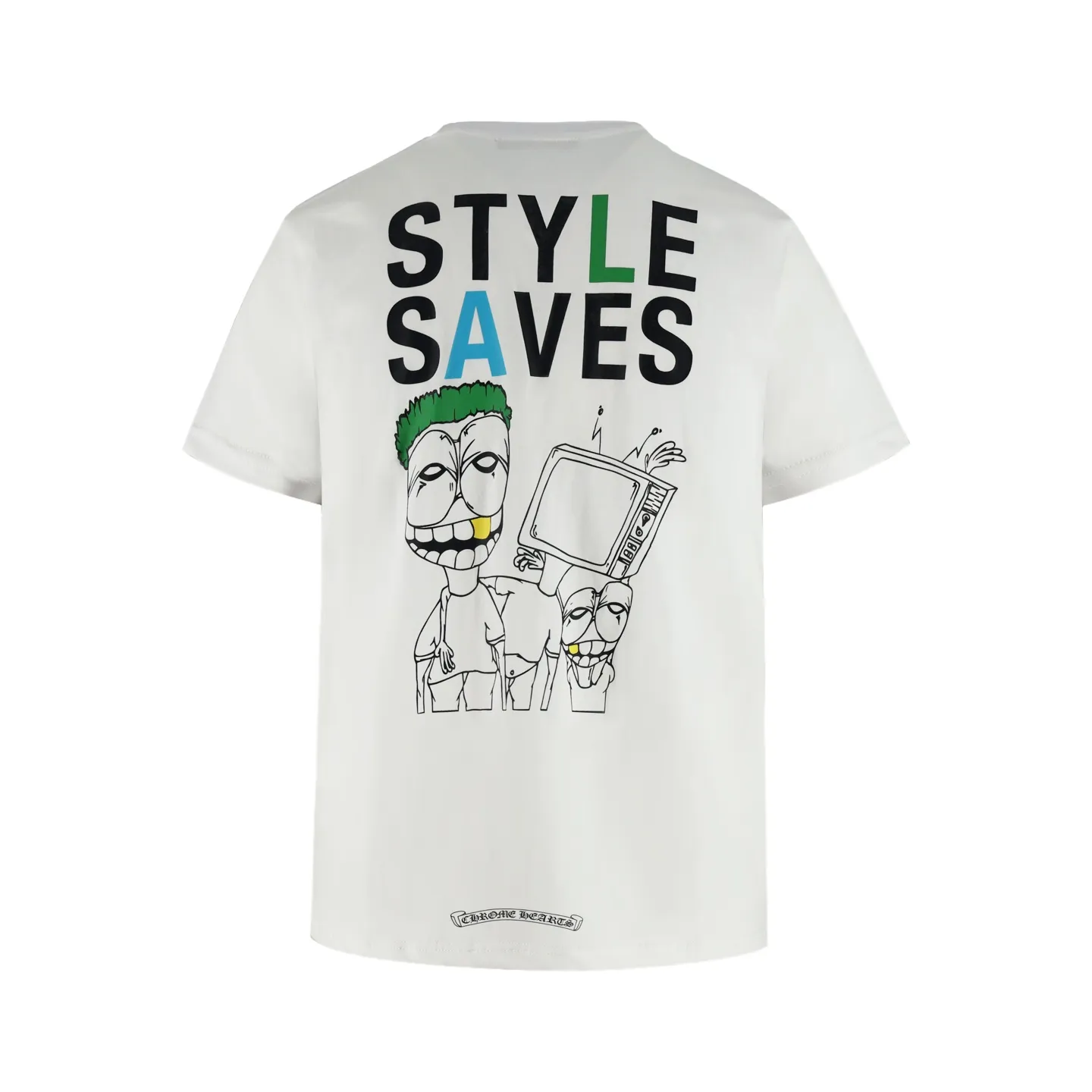 🅿️270 [Exclusive supply] CH Croixin 25Ss new TV short-sleeves are screen printed. The exquisite small logo on the front of the T-shirt cleverly integrates brand elements through screen printing, making it low-key yet recognizable. "STYLE SAVES" on the back is paired with a fun cartoon pattern with bright colors and clear lines. Whether it is the edges of letters or the outline of cartoon images, they can be presented delicately, highlighting unique trend attitudes and fashion tastes. Size:S-M-L